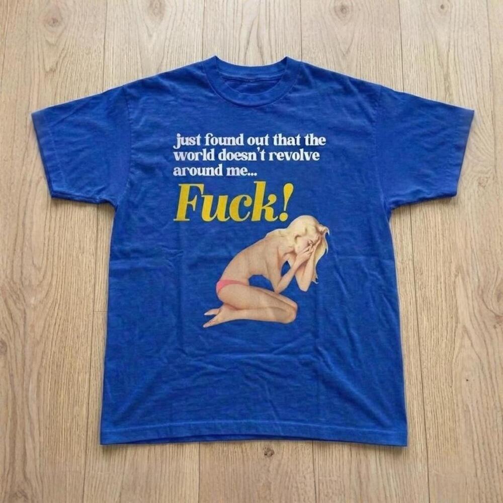 Blue Graphic Tee With Funny Text And Pinup Girl Design